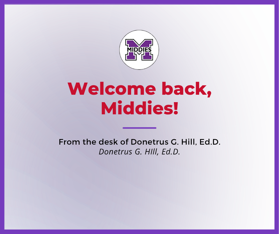 Welcome back, Middies text on purple background